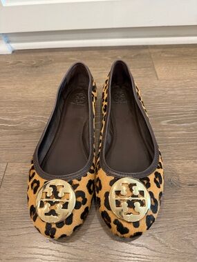Tory Burch Leopard Print Flats with Gold Logo Medallion
